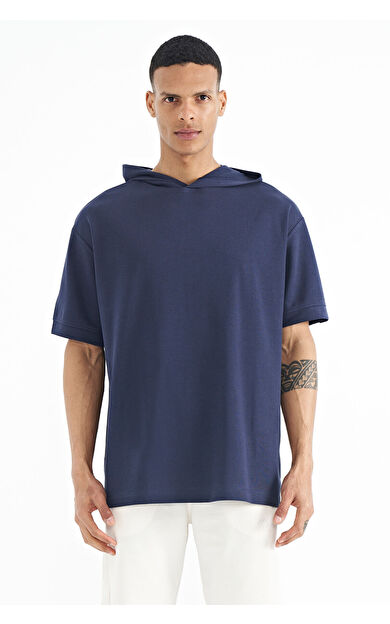 TommyLife İndigo Kapüşonlu Kol Etiket Detaylı Oversize Erkek T-shirt - 88179