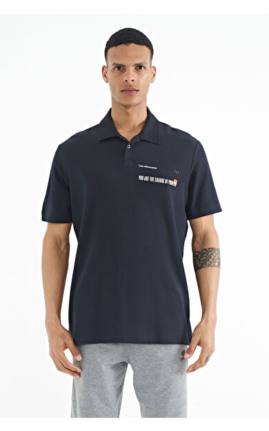 TommyLife Lacivert Yazı Baskılı Standart Form Polo Yaka Erkek T-shirt - 88236