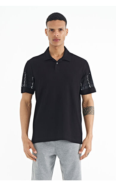 TommyLife Siyah Kol Baskı Detaylı Polo Yaka Standart Form Erkek T-shirt - 88240
