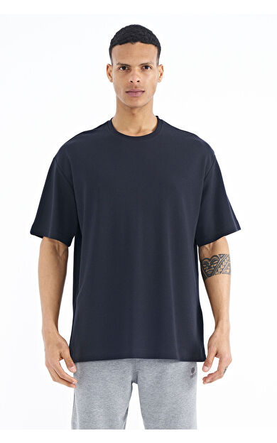 TommyLife Lacivert Kol Arma Detaylı Basic Oversize Erkek T-Shirt - 88193