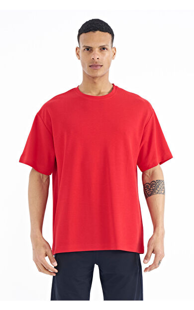 TommyLife Kırmızı Kol Arma Detaylı Basic Oversize Erkek T-Shirt - 88193