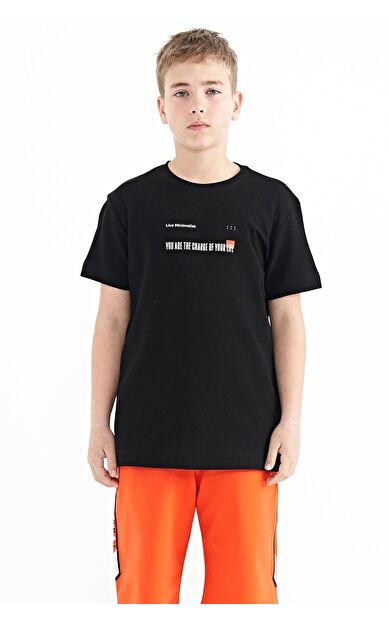 TommyLife Siyah Baskı Detaylı O Yaka Standart Kalıp Erkek  Çocuk T-Shirt - 11117