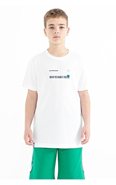 TommyLife Beyaz Baskı Detaylı O Yaka Standart Kalıp Erkek  Çocuk T-Shirt - 11117