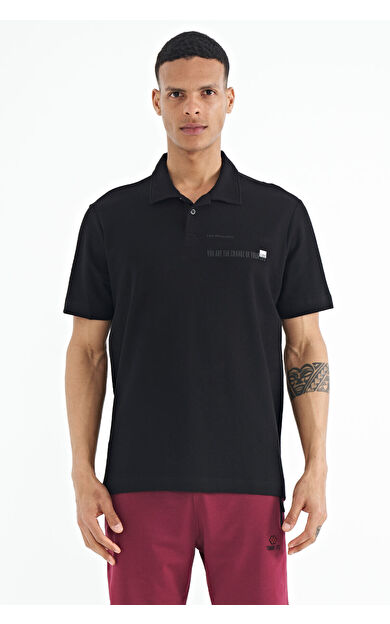 TommyLife Siyah Yazı Baskılı Standart Form Polo Yaka Erkek T-shirt - 88236
