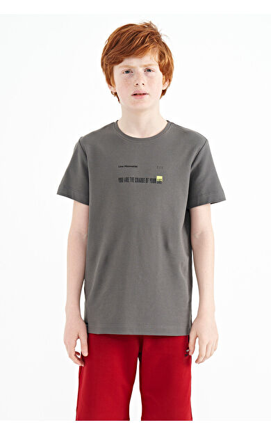TommyLife Koyu Gri Baskı Detaylı O Yaka Standart Kalıp Erkek  Çocuk T-Shirt - 11117