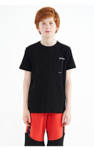 TommyLife Siyah Cep Detaylı O Yaka Standart Kalıp Erkek Çocuk T-Shirt - 11120