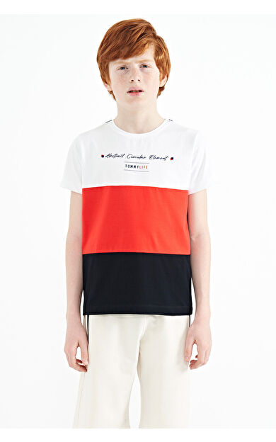 TommyLife Lacivert Renk Bloklu O Yaka Baskı Detaylı Standart Kalıp Erkek Çocuk T-Shirt - 11135