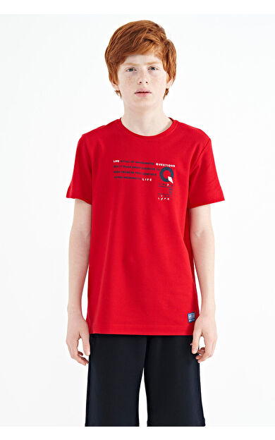 TommyLife Kırmızı Baskı Detaylı O Yaka Standart Kalıp Erkek Çocuk T-Shirt - 11145