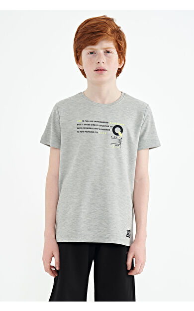 TommyLife Gri Melanj Baskı Detaylı O Yaka Standart Kalıp Erkek Çocuk T-Shirt - 11145