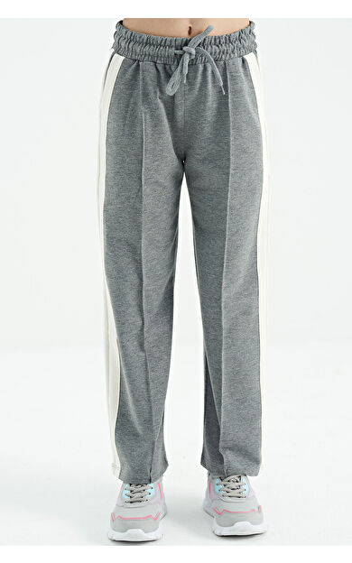 TommyLife Gri Melanj Yan Bant Detaylı Bağcıklı Rahat Kalıp Geniş Paça Kız Çocuk Eşofman Alt - 75119