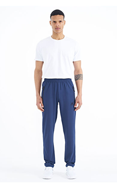 TommyLife İndigo Erkek Fermuarlı Üç Cepli Standart Kalıp Klasik Paça Eşofman Alt - 84768