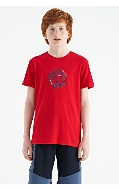TommyLife Kırmızı Nakış İşleme Detaylı O Yaka Standart Kalıp Erkek Çocuk T-Shirt - 11115