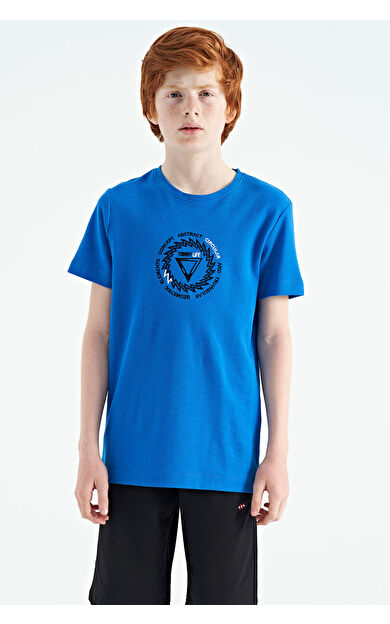 TommyLife Saks Nakış İşleme Detaylı O Yaka Standart Kalıp Erkek Çocuk T-Shirt - 11115