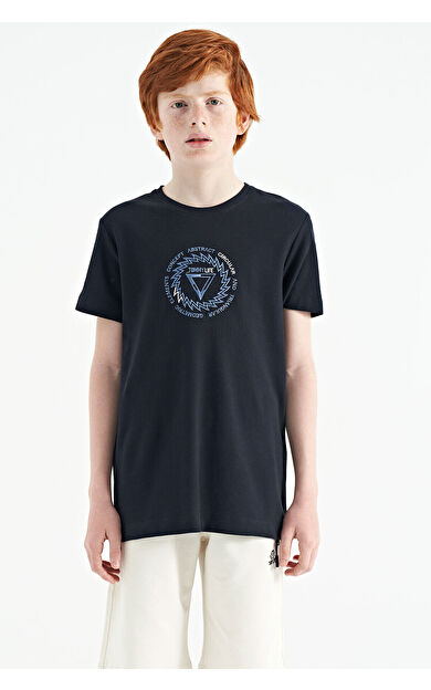 TommyLife Lacivert Nakış İşleme Detaylı O Yaka Standart Kalıp Erkek Çocuk T-Shirt - 11115