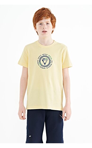 TommyLife Sarı Nakış İşleme Detaylı O Yaka Standart Kalıp Erkek Çocuk T-Shirt - 11115