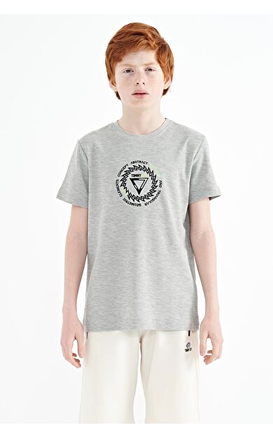 TommyLife Gri Melanj Nakış İşleme Detaylı O Yaka Standart Kalıp Erkek Çocuk T-Shirt - 11115