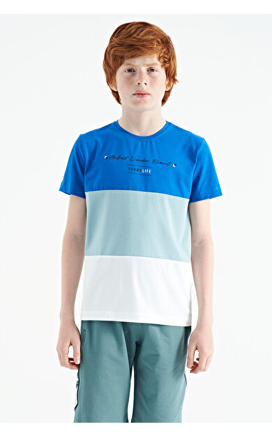 TommyLife Beyaz Renk Bloklu O Yaka Baskı Detaylı Standart Kalıp Erkek Çocuk T-Shirt - 11135