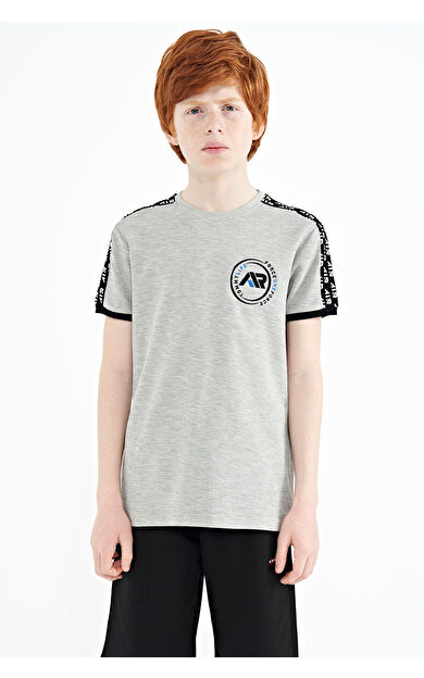 TommyLife Gri Melanj Omuz Baskı Detaylı Standart Kalıp O Yaka Erkek Çocuk T-Shirt - 11121