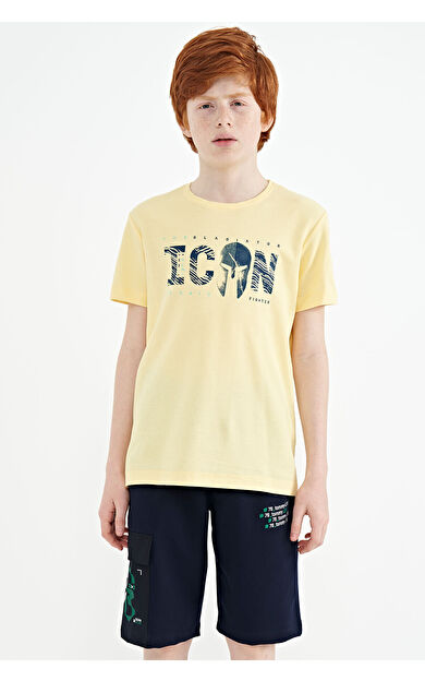 TommyLife Sarı Ön Yazı Nakışlı O Yaka Standart Kalıp Erkek  Çocuk T-Shirt - 11118