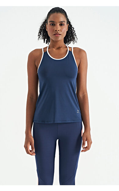 TommyLife İndigo Çift Askılı Sırt Detaylı Standart Kalıp Kadın Spor Atlet - 97258