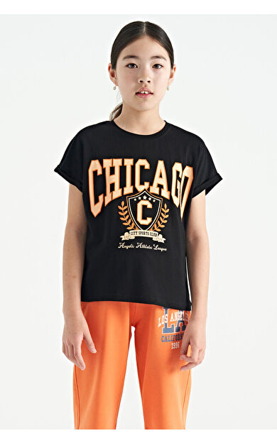 TommyLife Siyah O Yaka Düşük Omuzlu Rahat Form Kısa Kollu Kız Çocuk T-Shirt - 75128