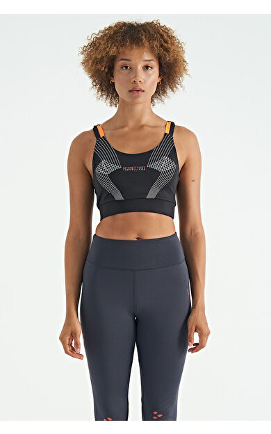 TommyLife Siyah Baskılı Sırt Çapraz Detaylı Dalgıç Kumaş Dar Kalıp Kadın Büstiyer - 97273