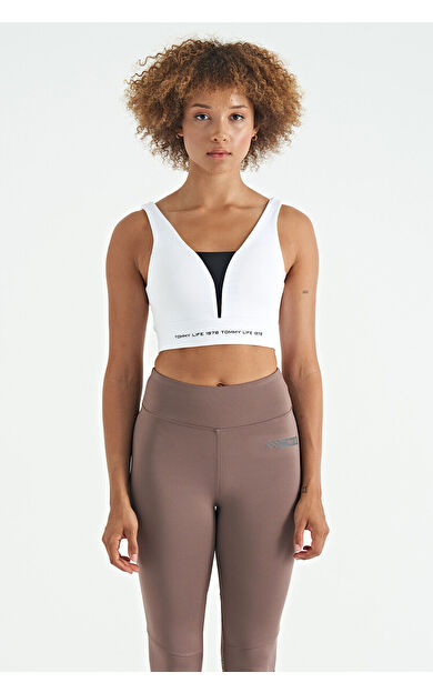 TommyLife Beyaz Yazı Baskılı Renk Bloklu Dar Kalıp Dalgıç Kumaş Kadın Büstiyer - 97271