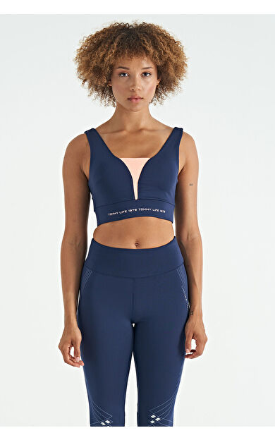 TommyLife İndigo Yazı Baskılı Renk Bloklu Dar Kalıp Dalgıç Kumaş Kadın Büstiyer - 97271