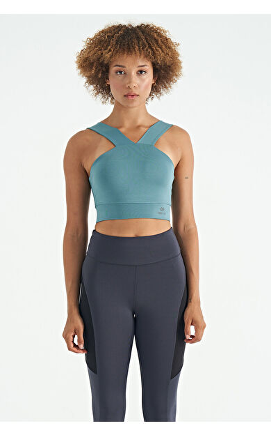 TommyLife Mint Yeşili Logo Baskılı Dar Kalıp Dalgıç Kumaş Kadın Büstiyer - 97259