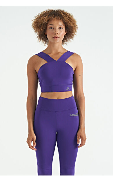 TommyLife Koyu Mor Logo Baskılı Dar Kalıp Dalgıç Kumaş Kadın Büstiyer - 97259