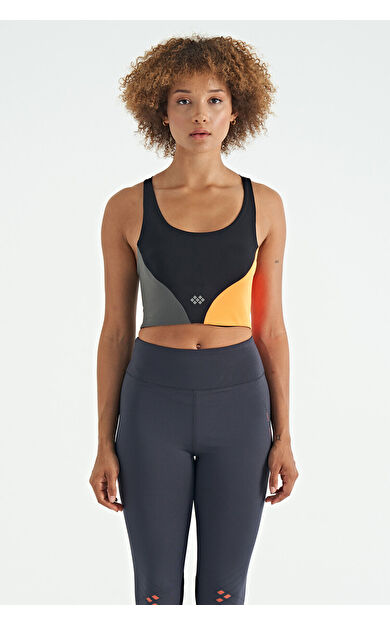 TommyLife Siyah Logo Baskılı Renk Bloklu Sırt Çapraz Detaylı Dalgıç Kumaş Kadın Büstiyer - 97260