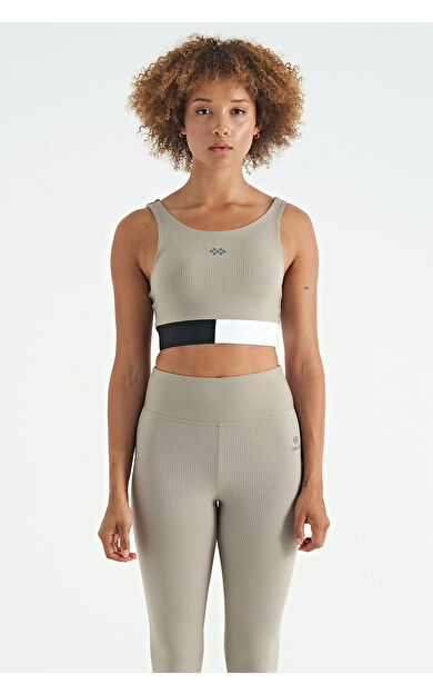 TommyLife Zeytin Yeşil Renk Bloklu Logo Baskılı Dar Kalıp Fitilli Kadın Büstiyer - 97275