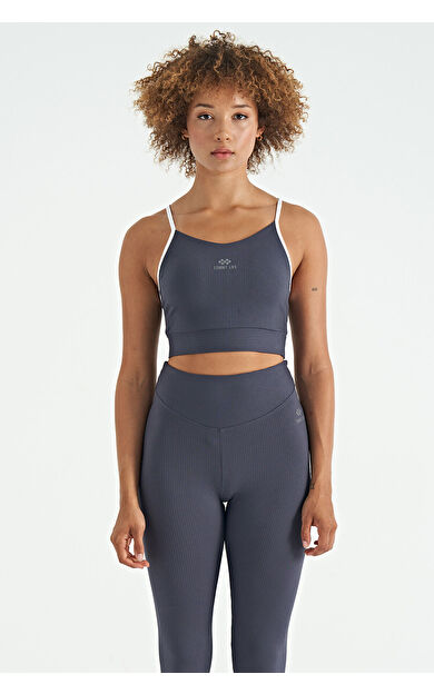 TommyLife Antrasit Sırt Çapraz Detaylı Logo Baskılı Dar Kalıp Fitilli Kadın Büstiyer - 97274