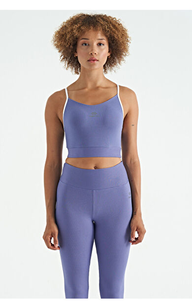 TommyLife Eflatun Sırt Çapraz Detaylı Logo Baskılı Dar Kalıp Fitilli Kadın Büstiyer - 97274