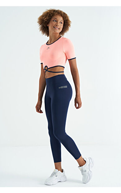 TommyLife İndigo Logo Baskı Detaylı Yüksek Bel Dalgıç Kumaş Slim Fit Kadın Tayt - 94627