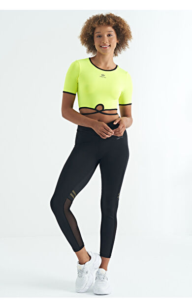 TommyLife Neon Sarı Bel Bağlama Detaylı O Yaka Standart Kalıp Dalgıç Kumaş Kadın Crop T-Shirt - 97266