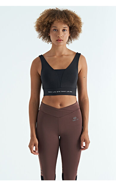 TommyLife Siyah Yazı Baskılı Renk Bloklu Dar Kalıp Dalgıç Kumaş Kadın Büstiyer - 97271