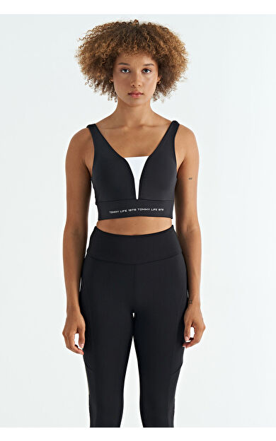 TommyLife Siyah - Beyaz Yazı Baskılı Renk Bloklu Dar Kalıp Dalgıç Kumaş Kadın Büstiyer - 97271