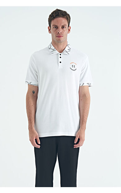 TommyLife Beyaz Yazı Nakışlı Baskı Detaylı Standart Kalıp Polo Yaka Erkek T-Shirt - 88239
