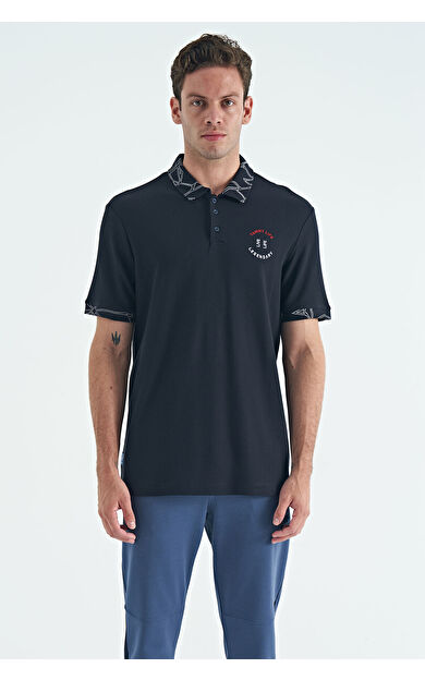 TommyLife Lacivert Yazı Nakışlı Baskı Detaylı Standart Kalıp Polo Yaka Erkek T-Shirt - 88239