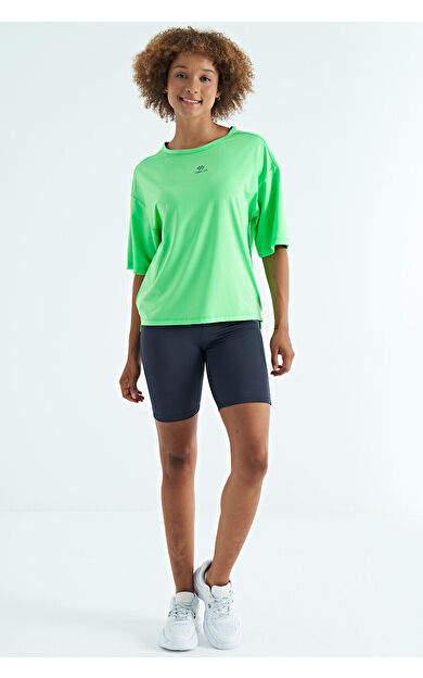 TommyLife Neon Yeşil O Yaka Baskı Detaylı Oversize Kısa Kol Kadın T-Shirt - 97263