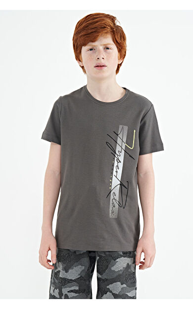 TommyLife Koyu Gri Yazı Baskılı O Yaka Standart Kalıp Erkek Çocuk T-Shirt - 11119