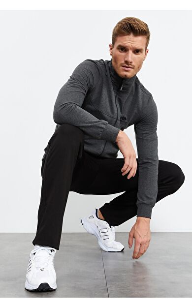 TommyLife Antrasit Melanj - Siyah Dik Yaka Fermuarlı Standart Kalıp Klasik Paça Erkek Eşofman Takımı - 85152