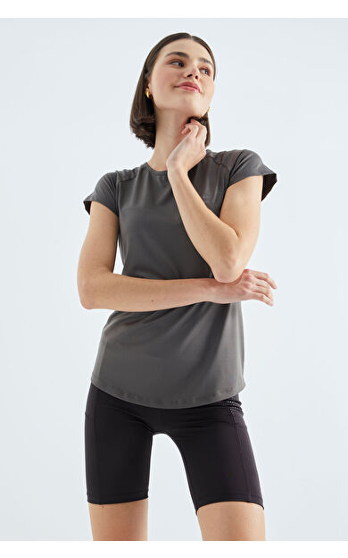 TommyLife Koyu Gri Sırt Pencereli Kısa Kol Standart Kalıp O Yaka Kadın T-Shirt - 97101