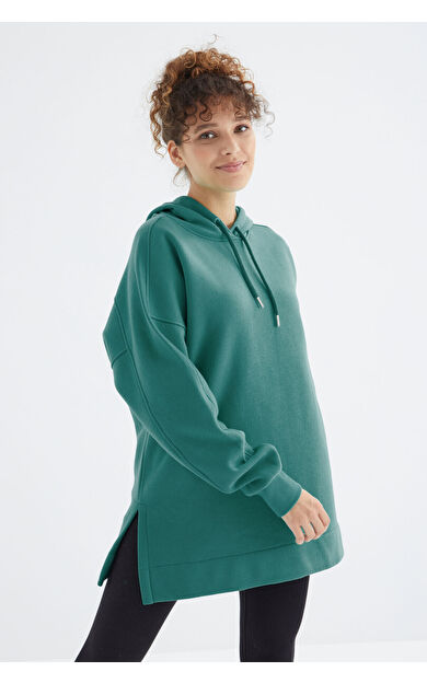 TommyLife Deniz Yeşili Reglan Kol Basic Kapüşonlu Oversize Sweatshirt Tunik - 97242