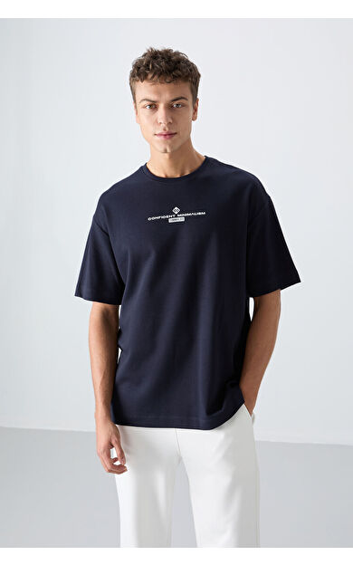 TommyLife Lacivert Pamuklu Kalın Yumuşak Dokulu Oversize Fit Baskılı Erkek T-Shirt - 88321