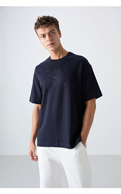TommyLife Lacivert Pamuklu Kalın Yumuşak Dokulu Oversize Fit Baskılı Erkek T-Shirt - 88324