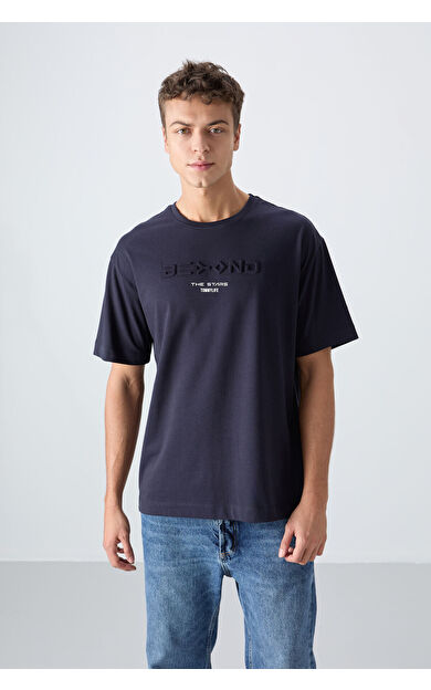 TommyLife Lacivert Pamuklu Kalın Yumuşak Dokulu Oversize Fit Baskılı Erkek T-Shirt - 88328