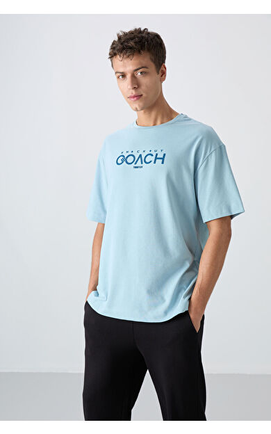 TommyLife Açık Mavi Pamuklu Kalın Yumuşak Dokulu Oversize Fit Baskılı Erkek T-Shirt - 88329