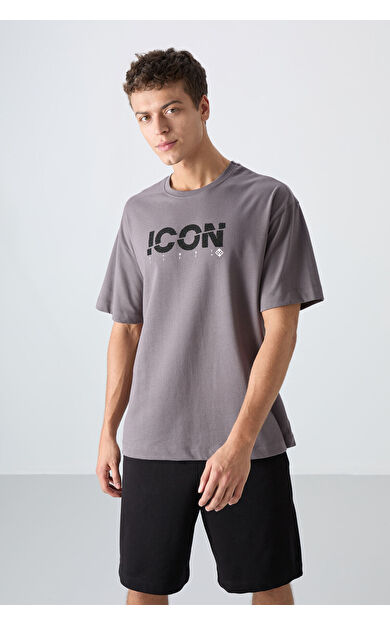 TommyLife Koyu Gri Pamuklu Kalın Yumuşak Dokulu Oversize Fit Baskılı Erkek T-Shirt - 88331